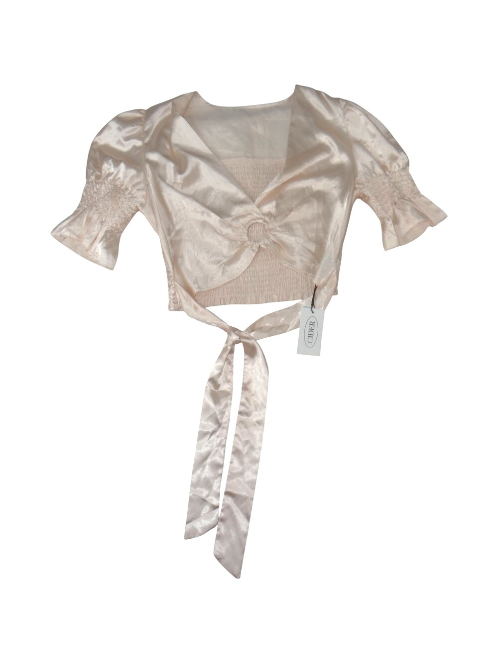 Cider Champagne Pink Satin Puff Sleeve Wrap Crop Top Smocked Back O-Ring O-Small